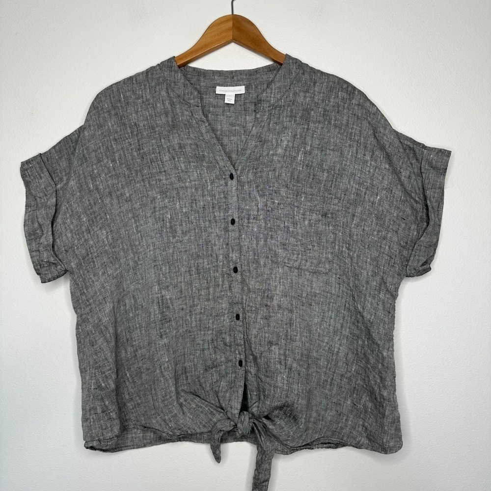 Charter Club‎ Linen Button up Top Size L Gray Tie Waist Boxy